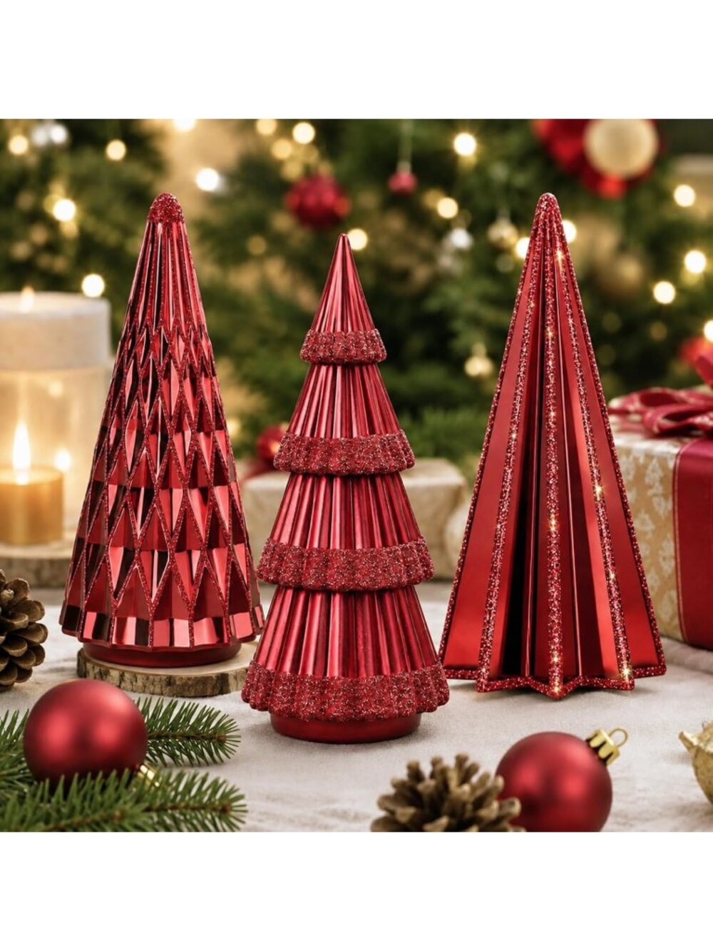 🎄3 Pcs Red Ceramic Christmas Trees Tabletop Decor Glittered Console Accents